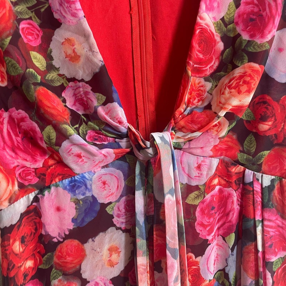 Ieena for MacDuggal 4 Puff Sleeve Shift Dress Red Floral Side Slit V Neck - Picture 3 of 9